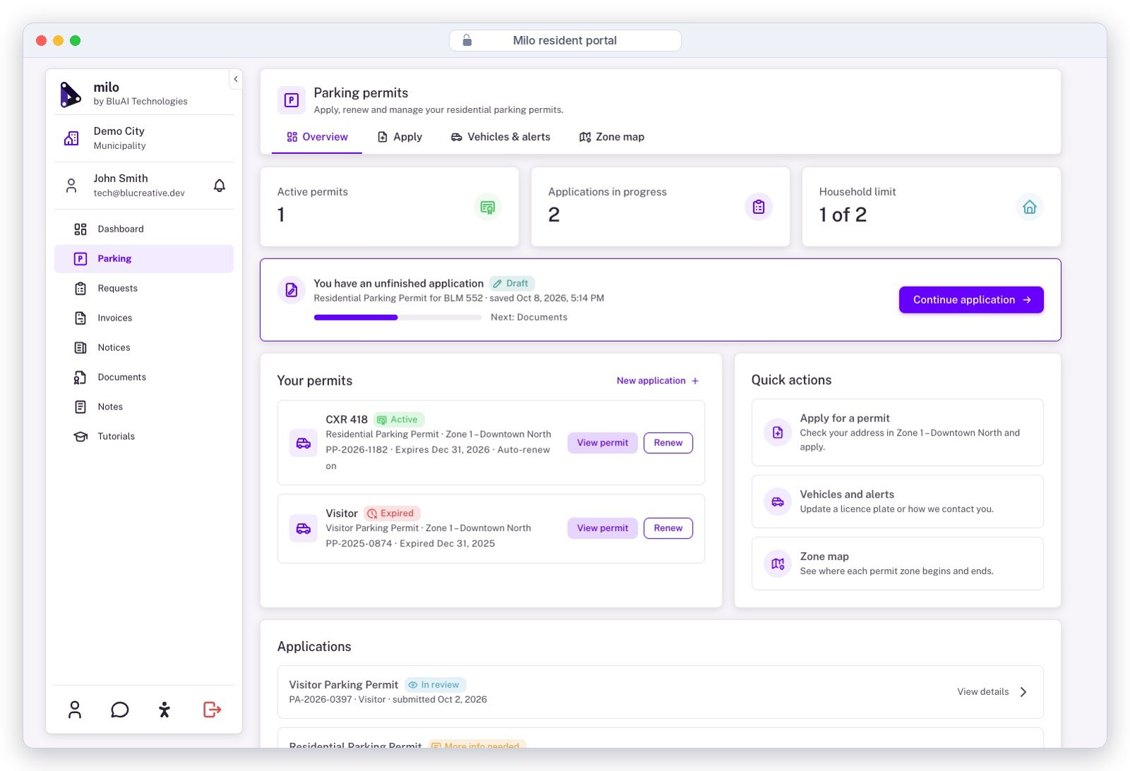 Milo resident dashboard: active permits, applications in progress, household limit, an unfinished application with Continue, and quick actions
