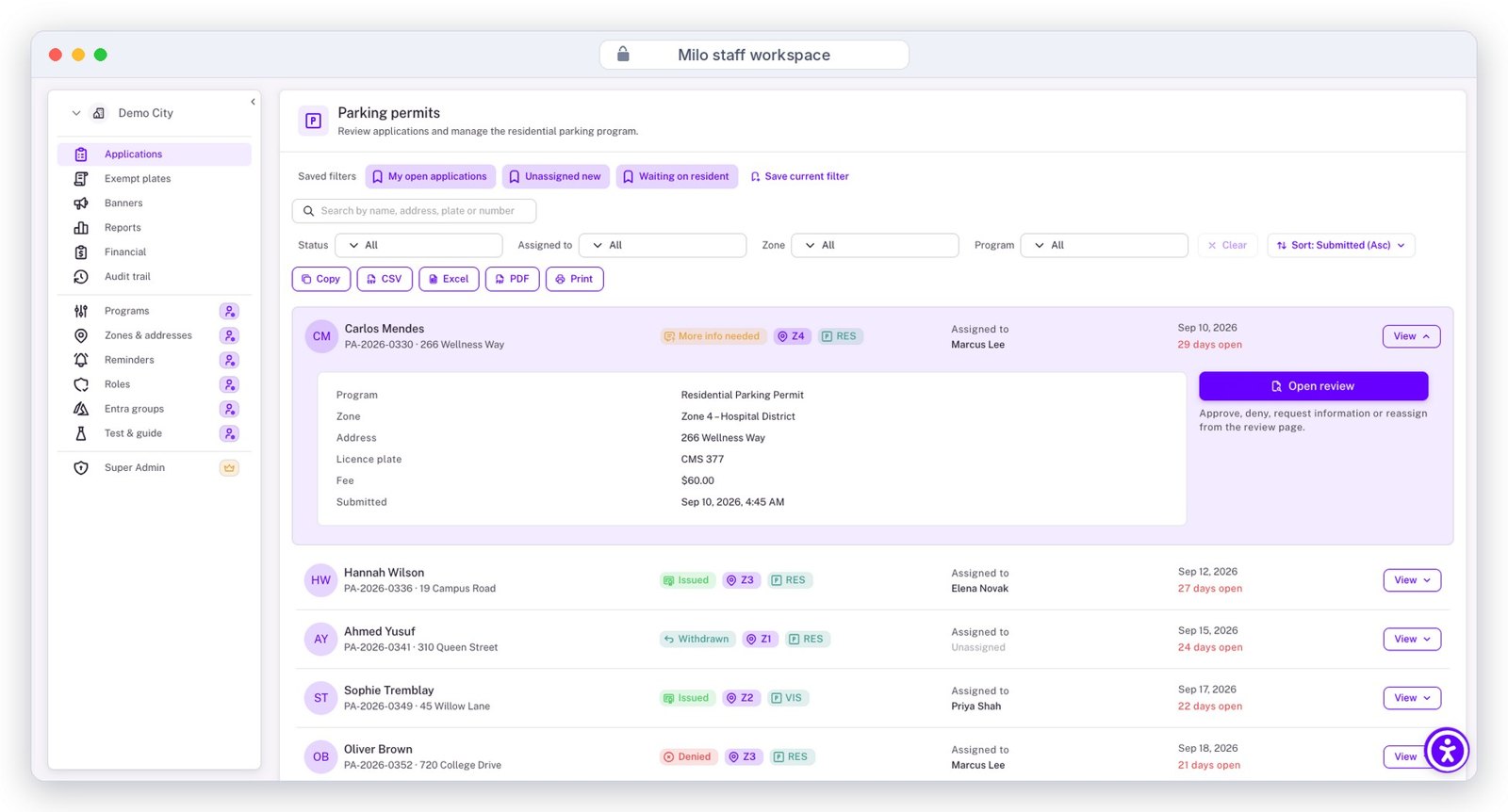 Milo staff application queue with saved filters, live search, filters by status, staff member, zone and program, and export buttons
