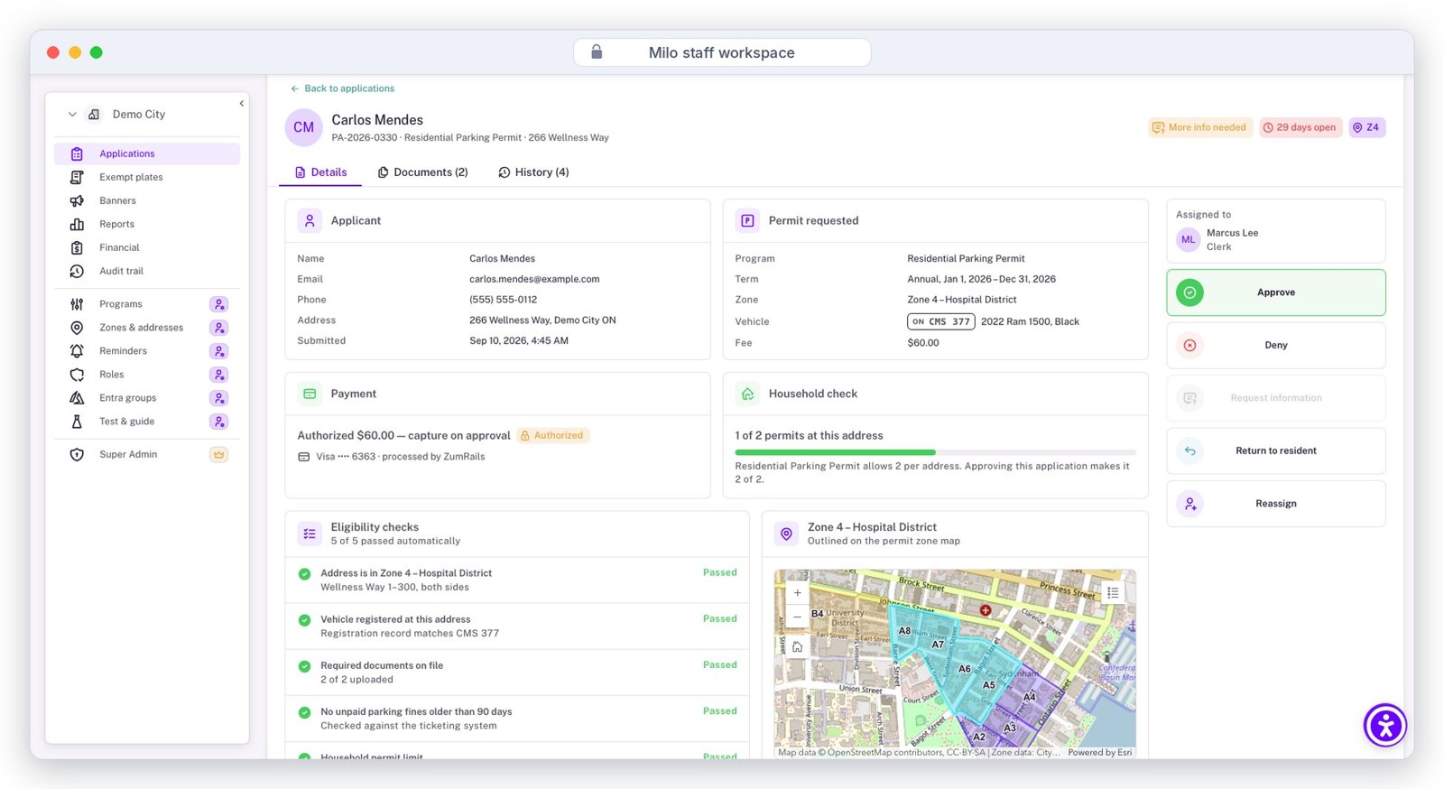 Milo staff review screen showing applicant, permit requested, payment, household check, eligibility checks, zone map and the Approve, Deny, Request information, Return to resident and Reassign actions