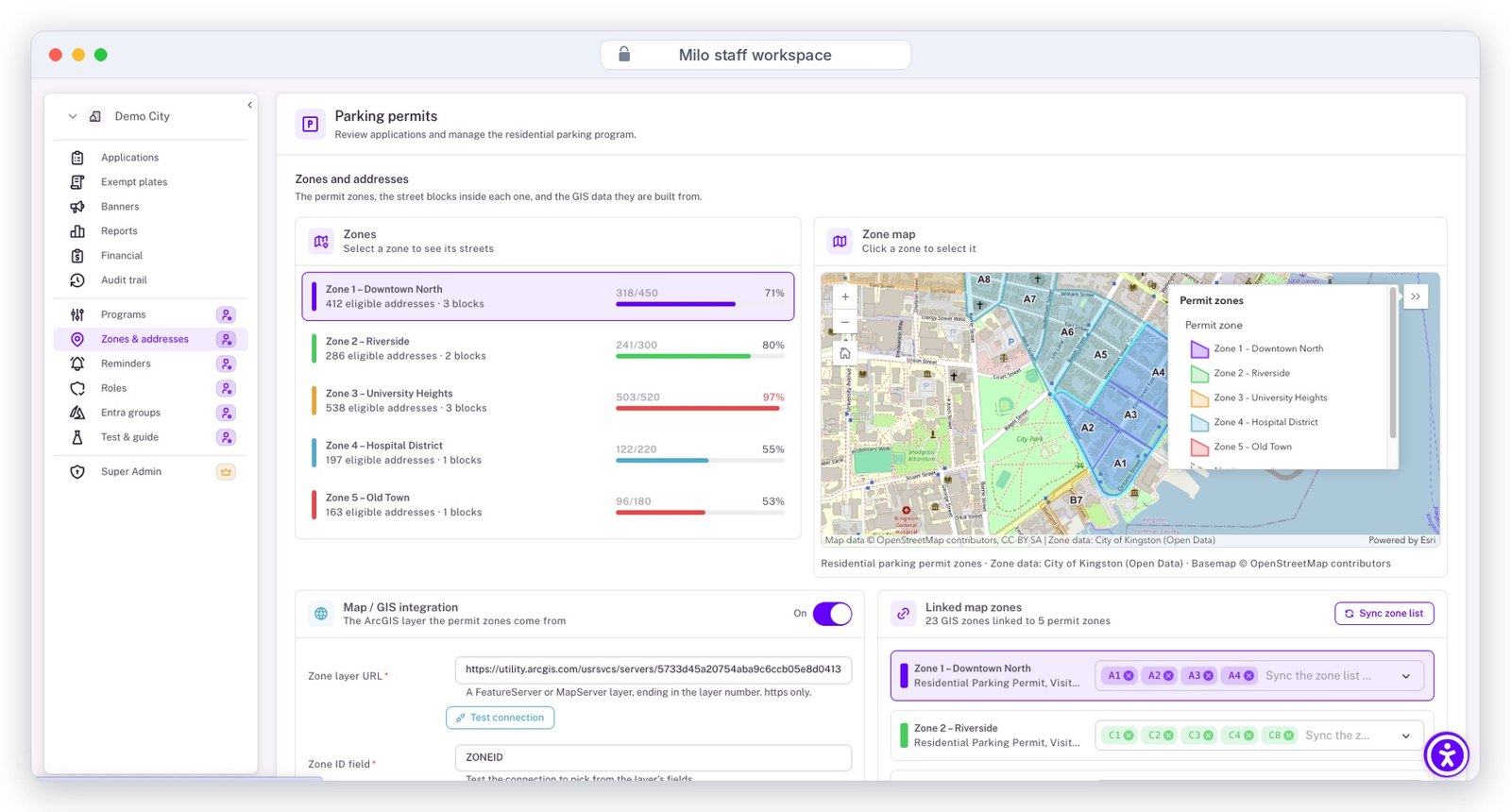 Milo zones and addresses administration: each permit zone with eligible addresses and capacity, the ArcGIS zone map, the GIS connection settings and the map zones linked to each permit zone